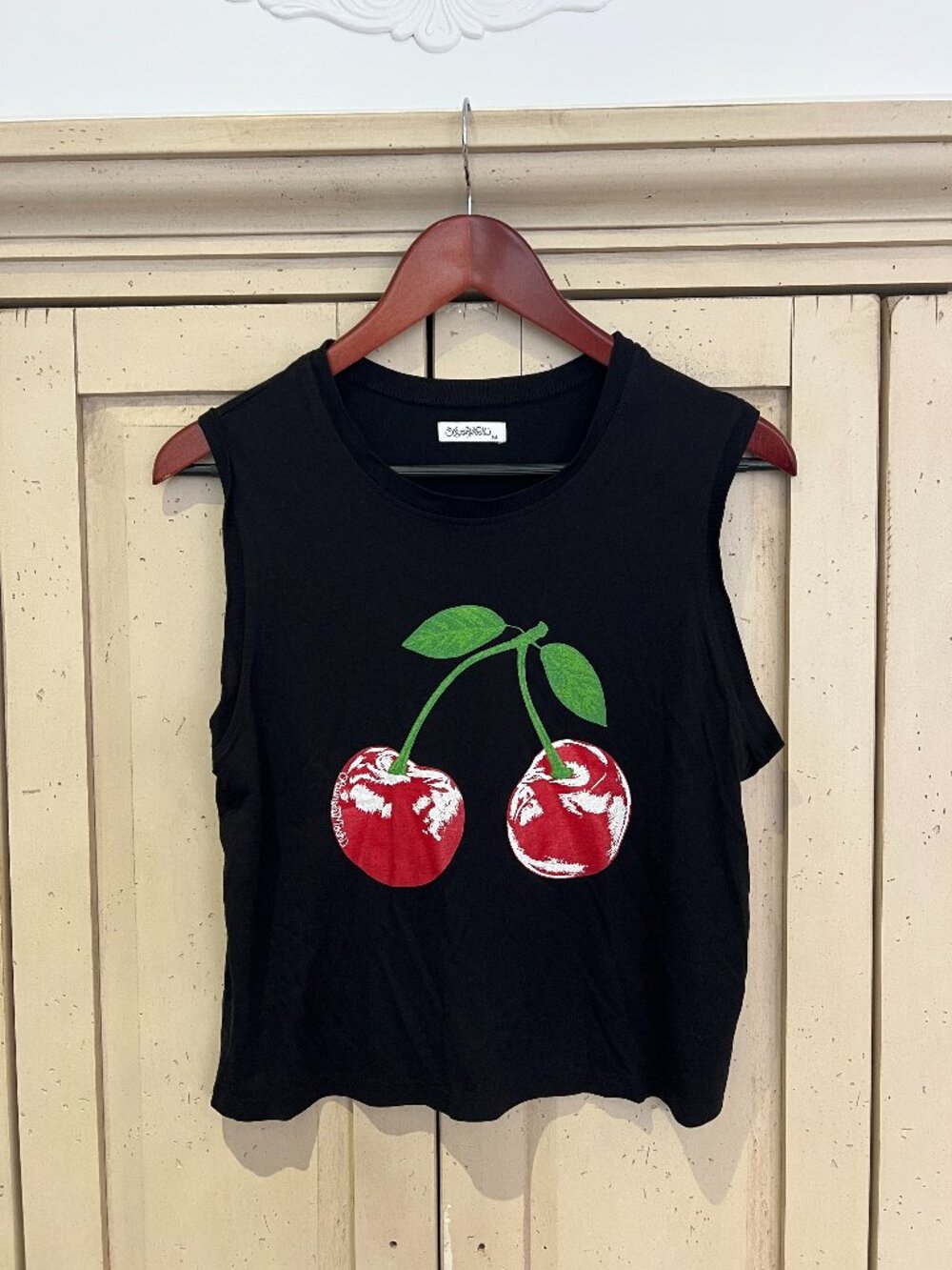 Lauren Moshi Cherry Graphic Crew Neck Tank Black Tencel Made in USA Womens XS
